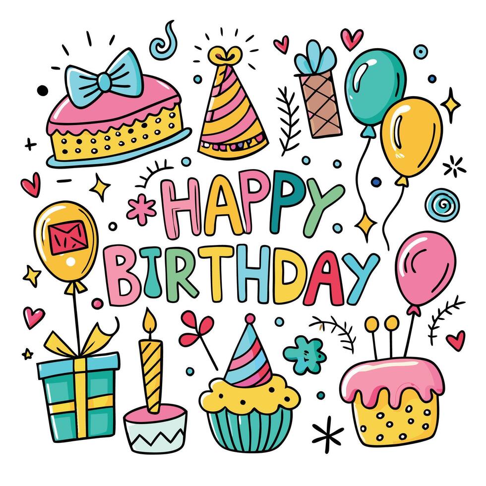 happy birthday card with colorful doodle elements vector