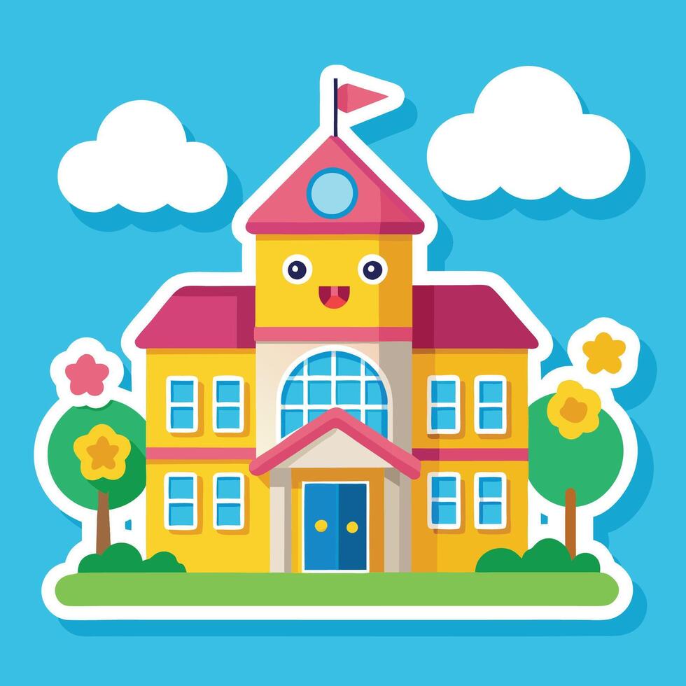school building with cartoon face and clouds vector