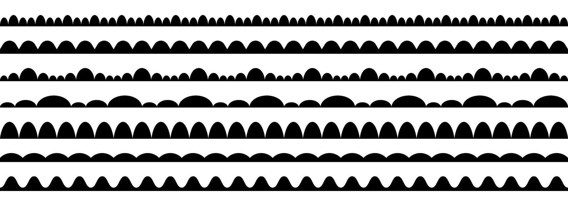 Wavy repeating pattern borders collection. Scallop shape frames set for decoration, banner, poster. Wave edge seamless stripes for divide and separate. Black repeated squiggle strokes pack vector