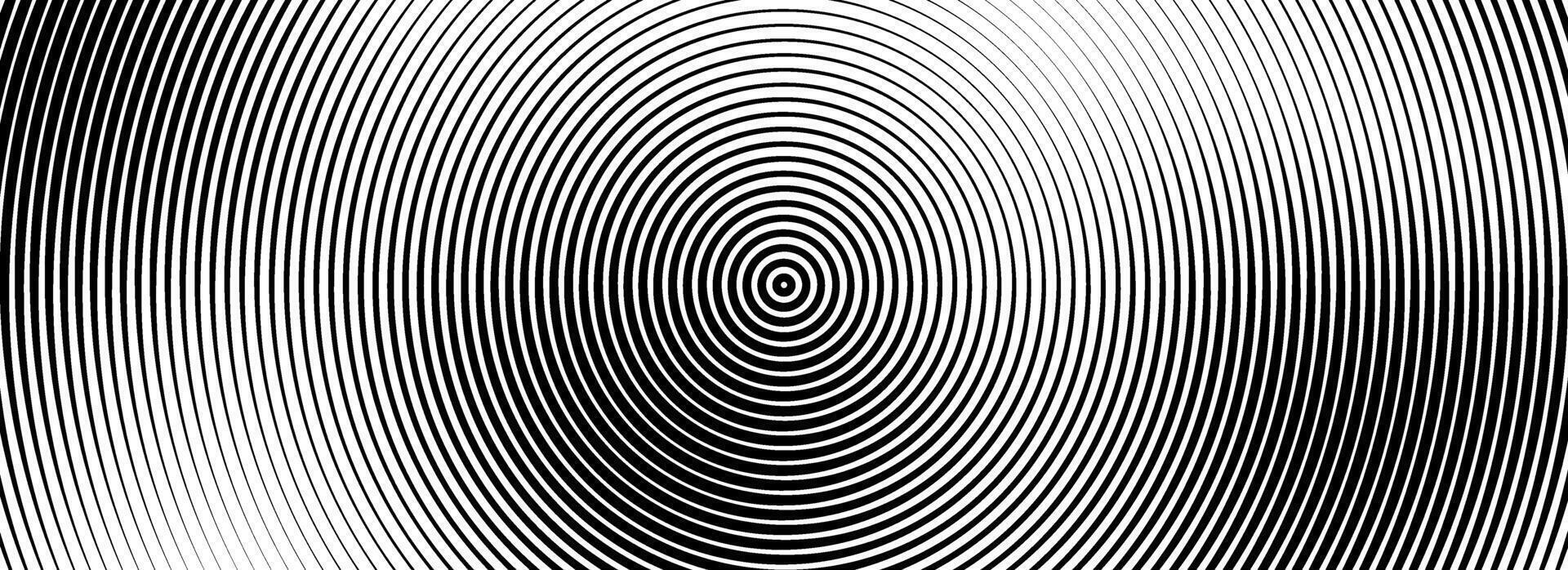 Black concentric circle background. Radial geometric pattern wallpaper. Linear epicenter, radar or target concept. Round rippled ring backdrop for brochure, banner, poster, overlay. vector