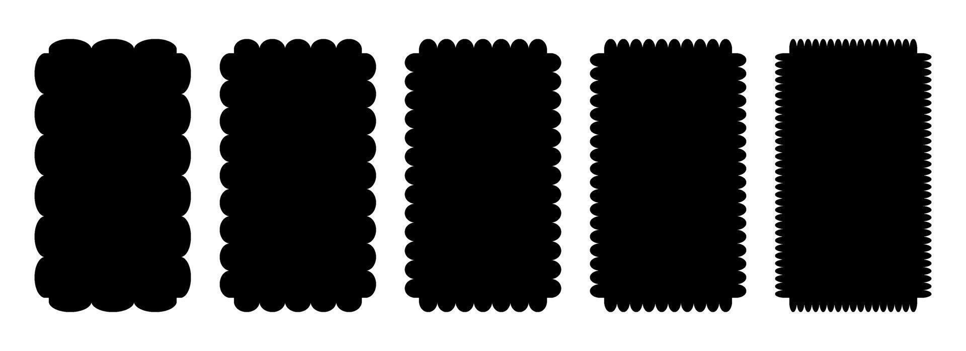 Wavy edge rounded frame collection. Jagged scallop rectangle border element set. Black undulate graphic design templates for decoration, banner, poster, template, sticker, badge. Vintage bundle vector