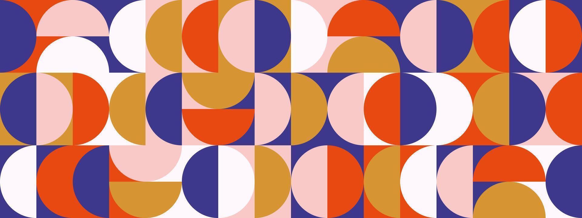 Retro semi circle seamless pattern. Abstract geometric mid century background. Colorful Swiss modernist or postmodernist style wallpaper. Modular repeating overlay. Red pink gold mural backdrop vector