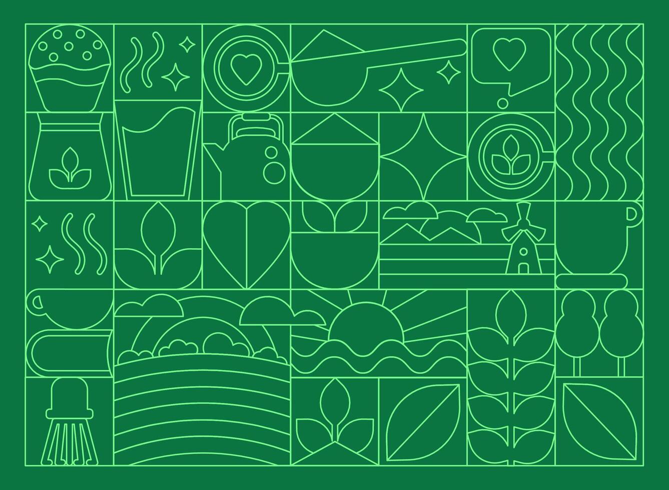 Matcha Tea Line Art Pattern. Geometric Green Design with Eco Symbols for Branding, Decoration vector