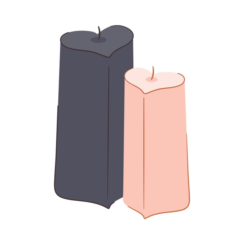 Two Candles in shape of Hearts with wick. Wax tall. Interior element for Valentine Day. Pair black, pink object of romance, Love. Paraffin. Isolated element on white background. illustration vector