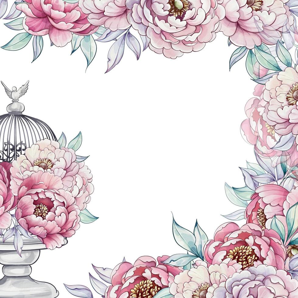 Delicate peonies in soft hues surround a charming birdcage, creating a serene and romantic atmosphere perfect for artistic endeavors. vector