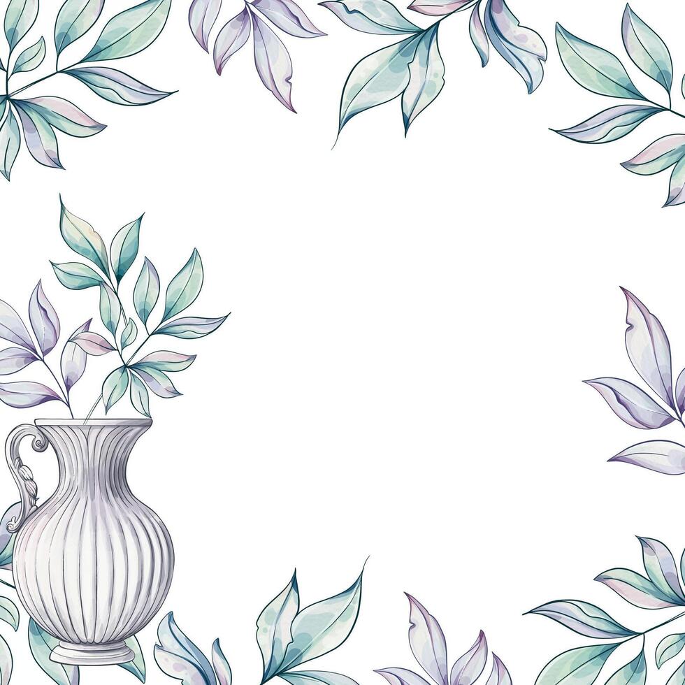 Intertwined watercolor leaves gracefully encircle a beautifully designed vase, showcasing a harmony of soft colors and intricate details. vector