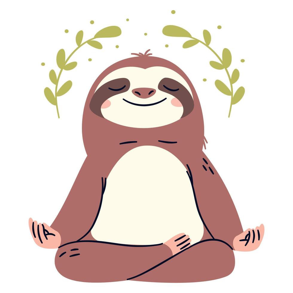 Flat illustration in a simple children's style. Cute sloth sitting doing meditation on white background, yoga vector