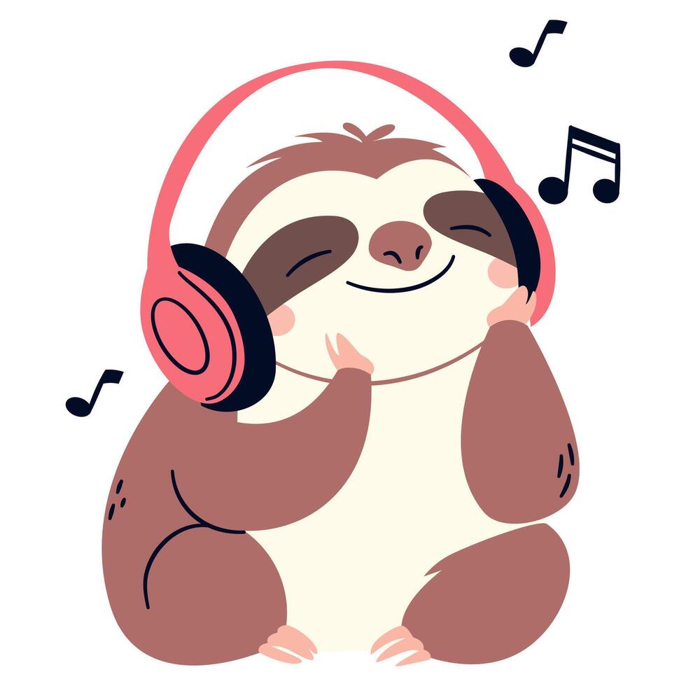 Flat illustration in a simple children's style. Cute sloth sitting and listening to music on white background vector