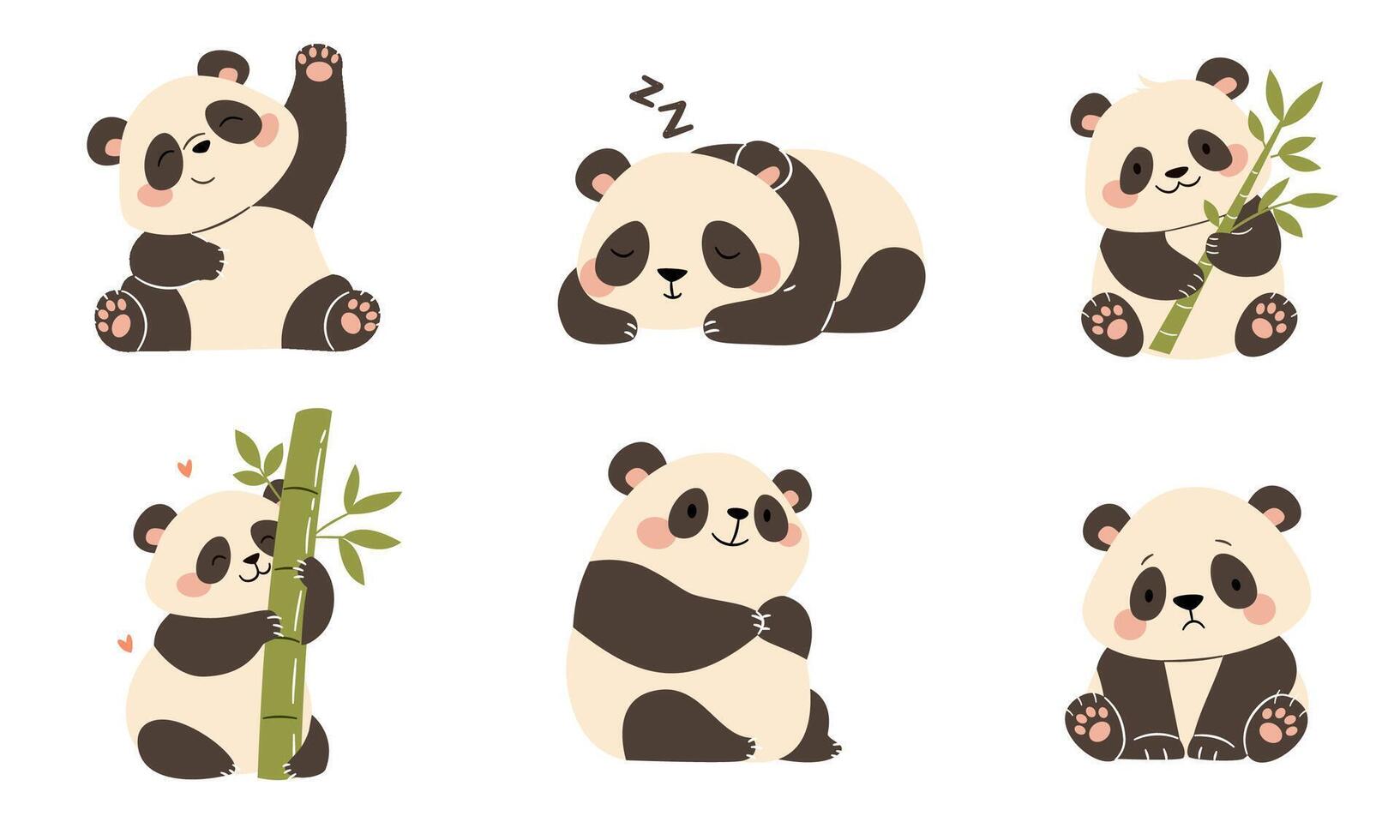 A set of flat illustrations in a simple children's style. Cute pandas in different poses. Sleeping, with bamboo, funny and sad on a white background vector