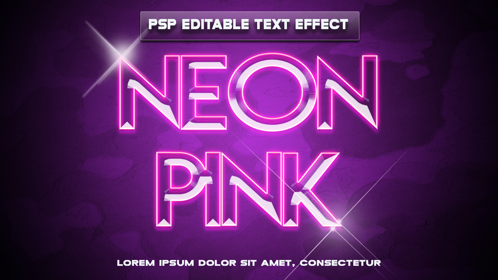 neon pink text effect with a purple background psd