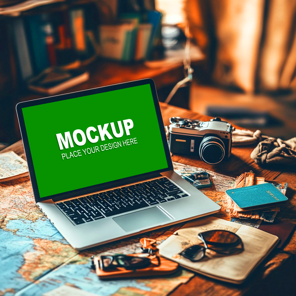 Laptop mockup on a map psd
