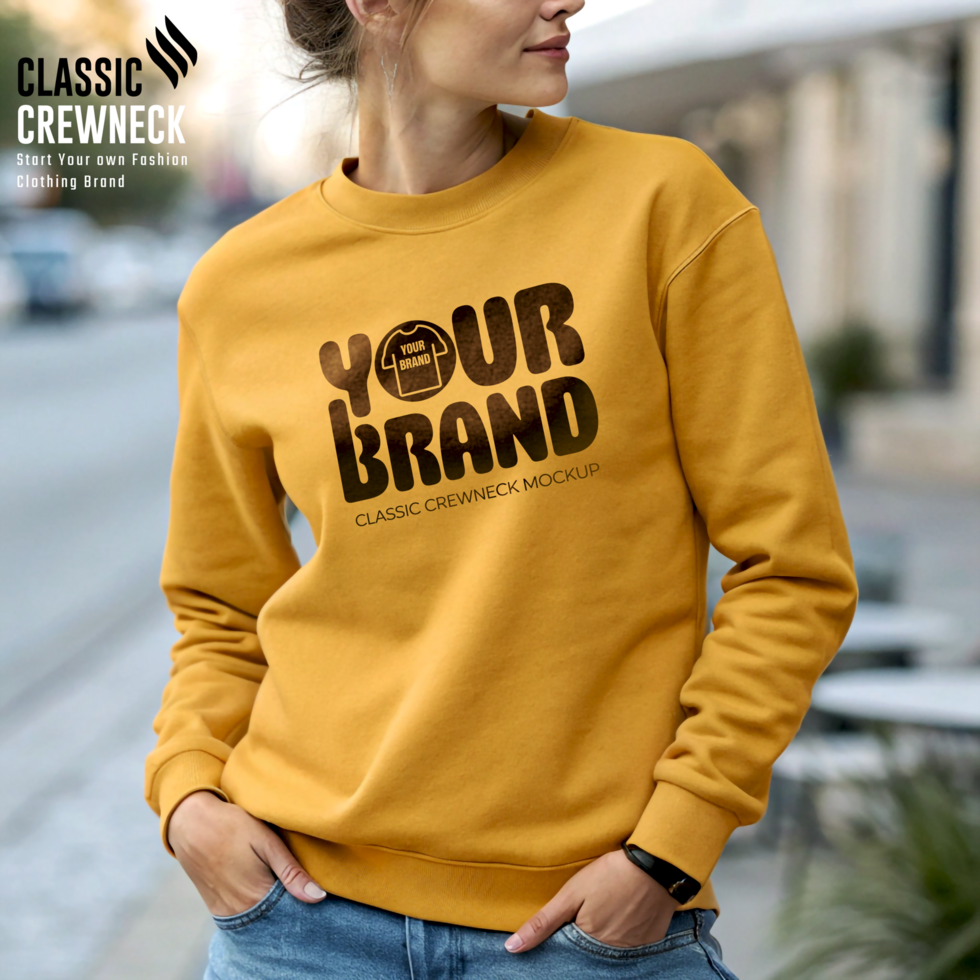 Women Mustard Yellow Relaxed Fit Crewneck Mockup in Warm Tones psd
