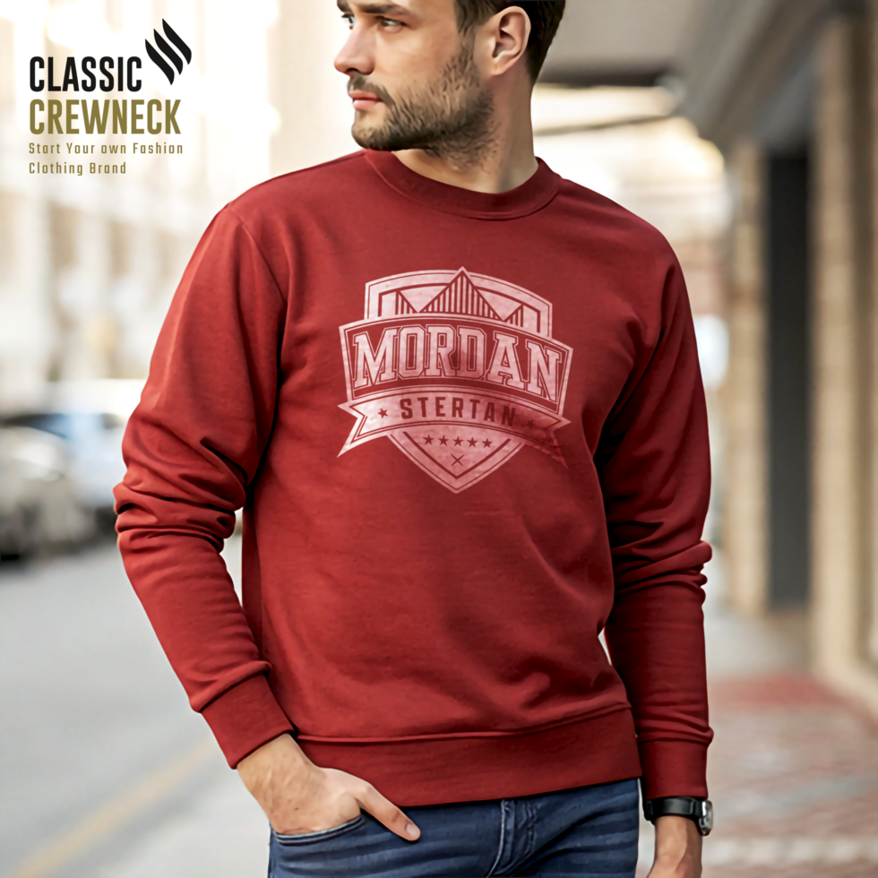 Men Brick Red Modern Crewneck Mockup with Soft Textures psd