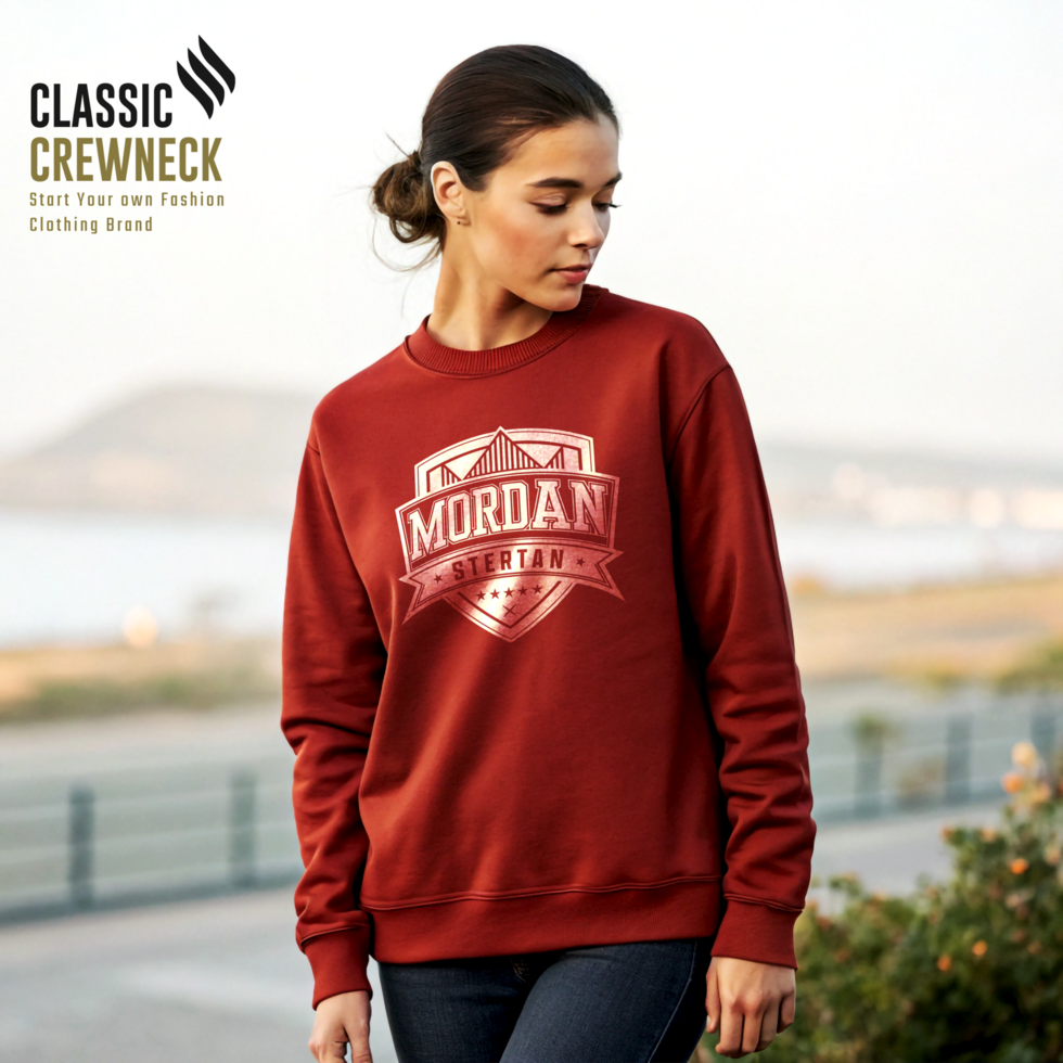 Women Brick Red Flat Lay Crewneck Mockup for Branding Projects psd