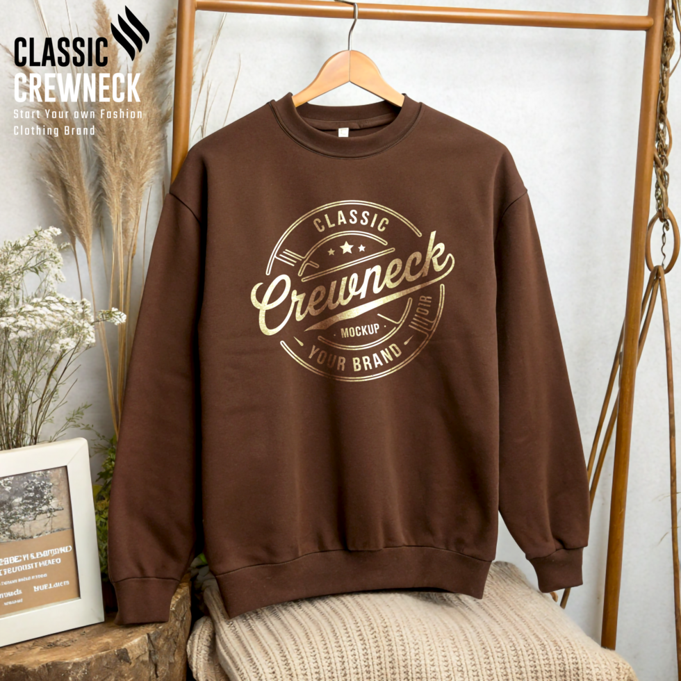 Cocoa Brown Classic Crewneck Mockup in Cool Shades psd