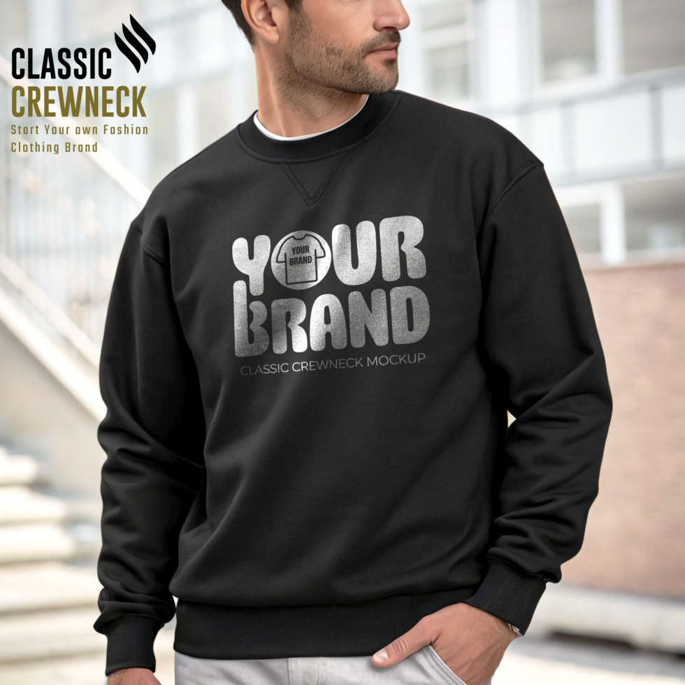 Men Jet Black Colorful Crewneck Mockup with Layered psd