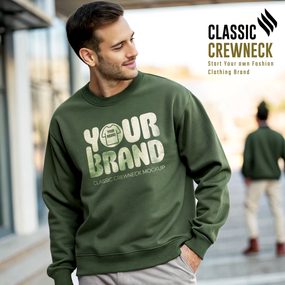 Men Olive Green Crewneck Mockup Layout psd