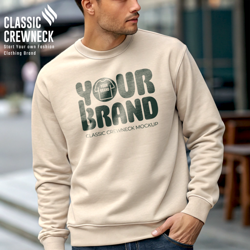 Men Light Taupe Simple Crewneck Mockup with Realistic Details psd