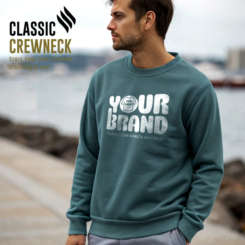 Men Muted Teal Streetwear Crewneck Mockup Design psd