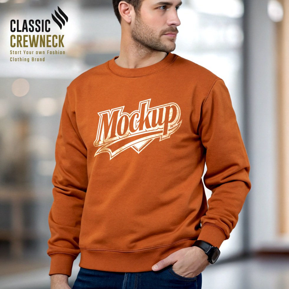 Burnt Orange Warm Tone Crewneck Mockup with Realistic Texture psd