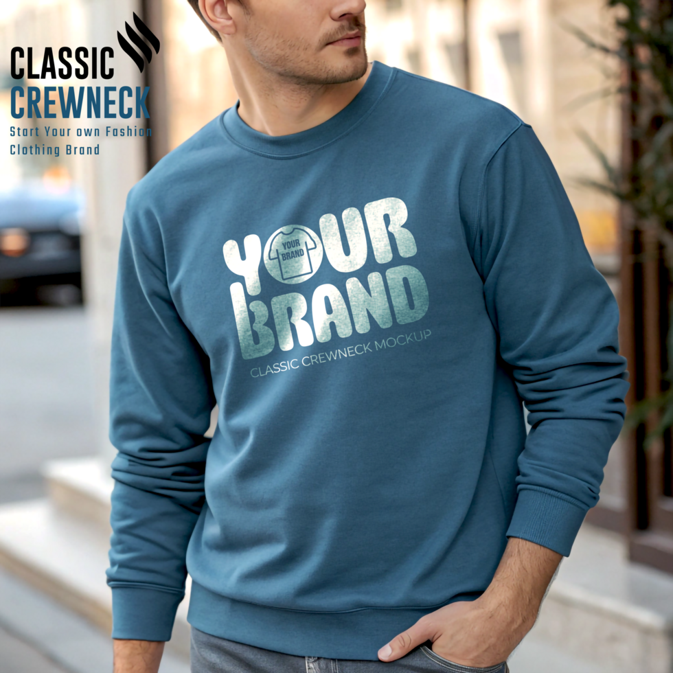 Men Slate Blue Premium Crewneck Mockup with Subtle Shadows psd