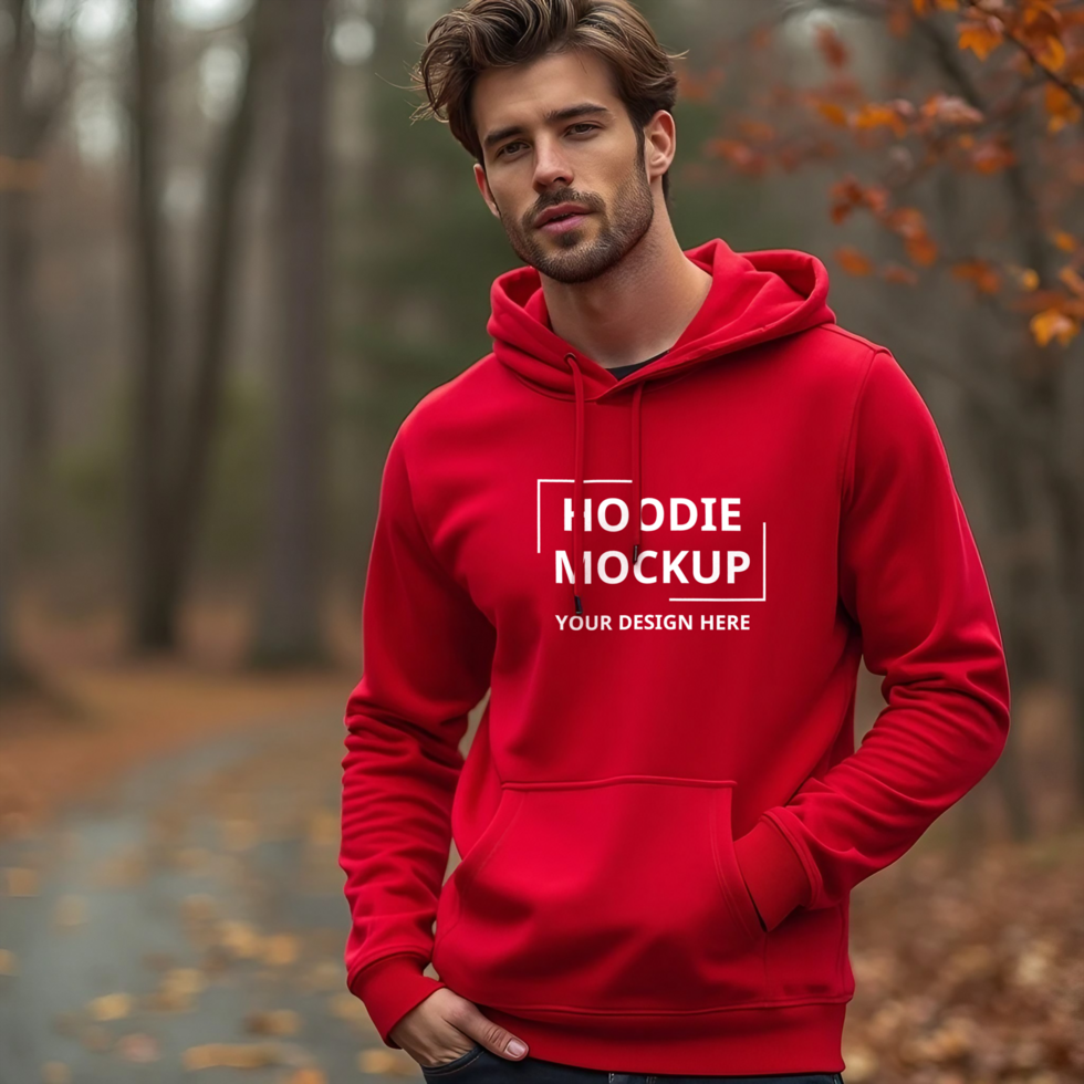 A man is wearing a red hoodie for a mockup psd