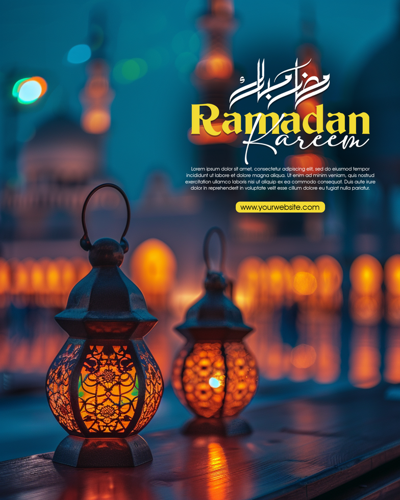 Islamic ramadan kareem template design with 3d realistic golden lantern lined up on blue background psd