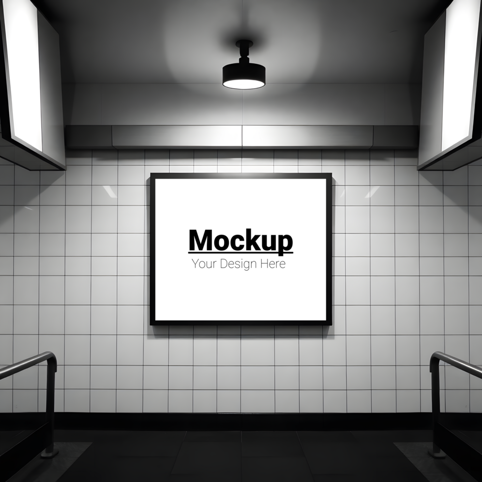 Layout of a billboard on white tiles at a subway station psd
