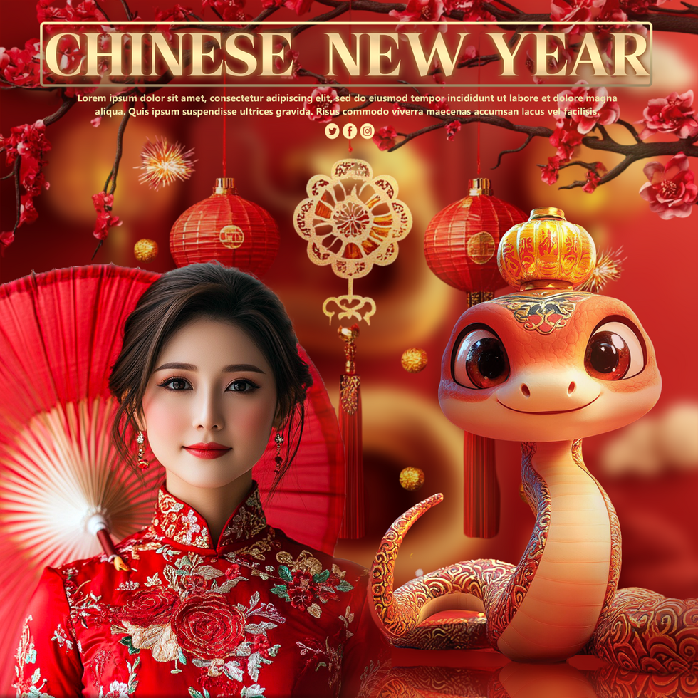 year of snake celebration poster with Chinese girl and snake illustration Chinese new year post psd