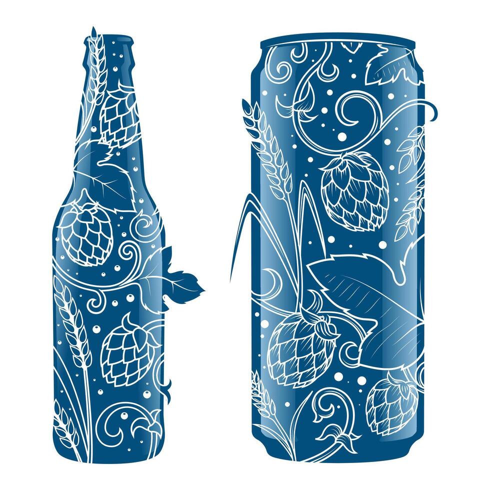 Beer can and bottle abstract ornament illustration. Engraving style vector