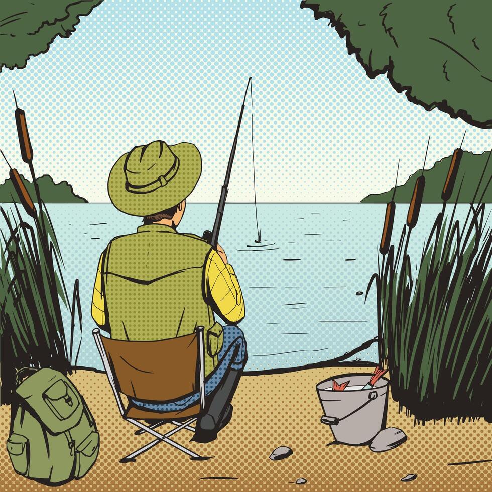 Man fishing on lake pop art style illustration. Comic book imitation vector