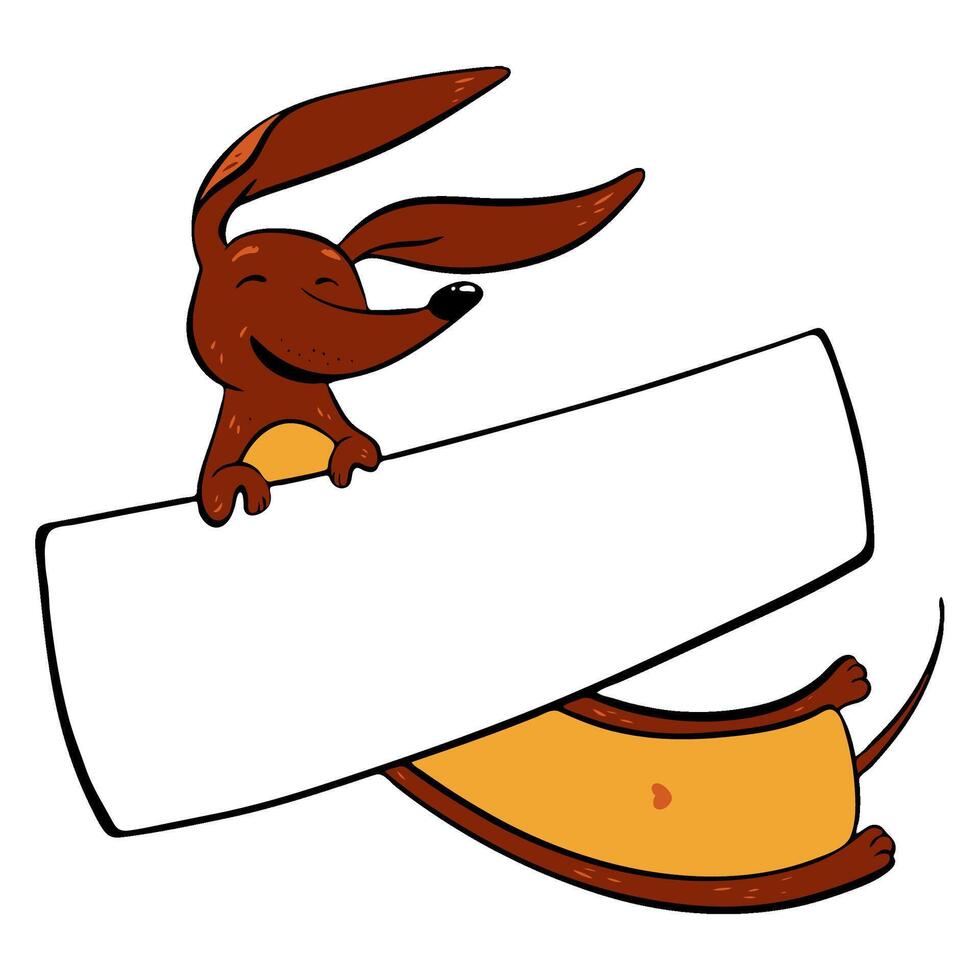 A Cheerful Cartoon Dachshund Dog Character Happily Holding a Blank Sign for Advertising Purposes. illustration. Pet shop vector