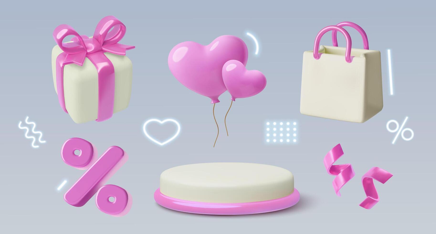 3D Sale pink design elements and neon glow decorative shapes collection three dimensional object set vector