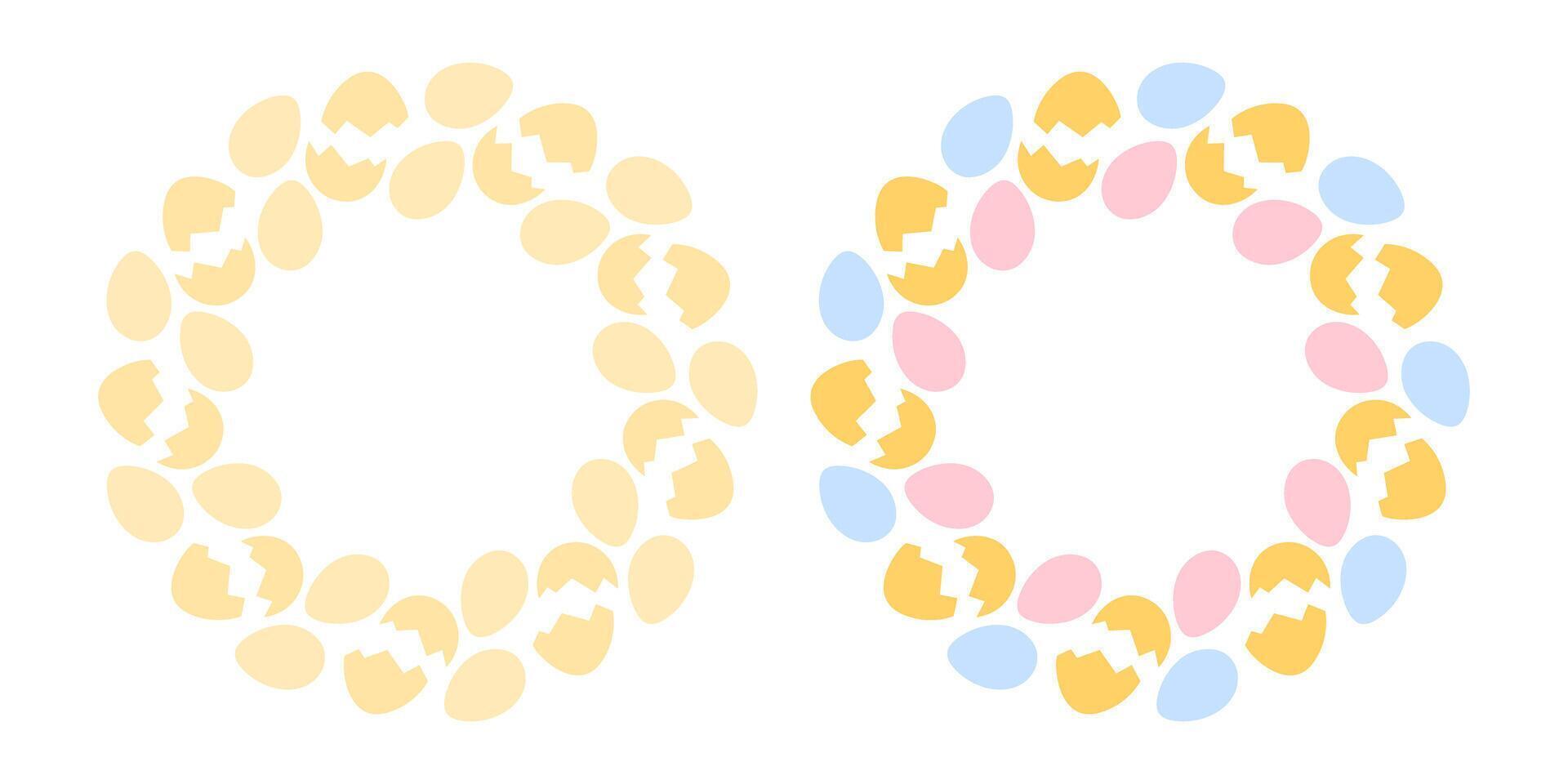 Whole and Cracked Eggs Circular Frames golden monochrome and multicolored. Copy space Template idea. Set 2. Isolated illustration Thematic cards, labels or web promo banner, leaflets, booklets vector