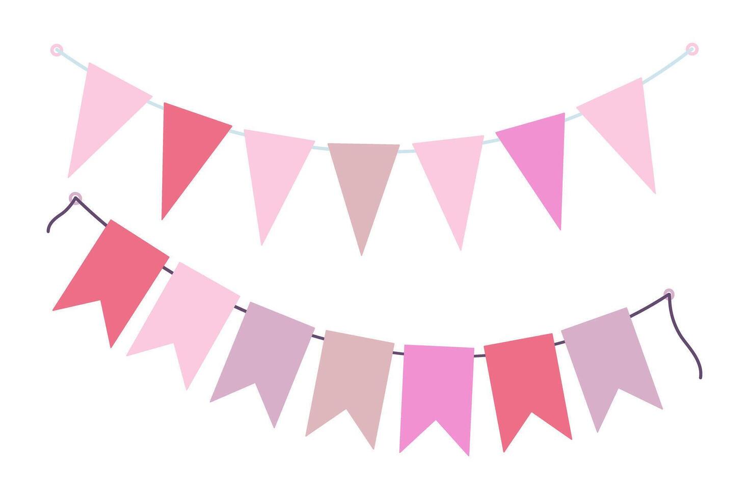 Festive Pennant garlands on rope in trendy soft shades. Holiday Decorative design element idea Set 2. Isolated illustration Greeting card, posting, blog or web promo banner, leaflet, tag, label vector