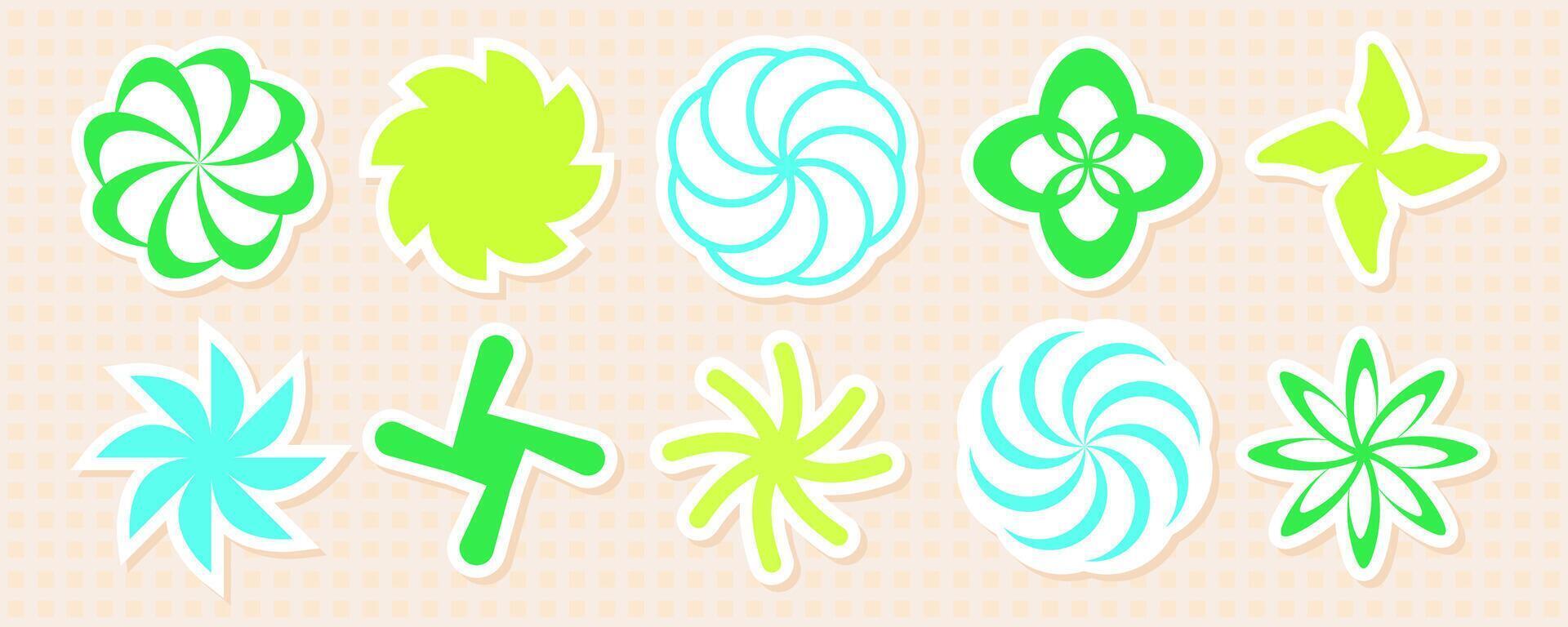 Space trippy y2k spiral and swirl sticker set, geometric trendy acid vortex element aesthetic, cyber geometry groovy whirlwind symbol , retro 90s figure graphic, modern techno rave icon design, vector