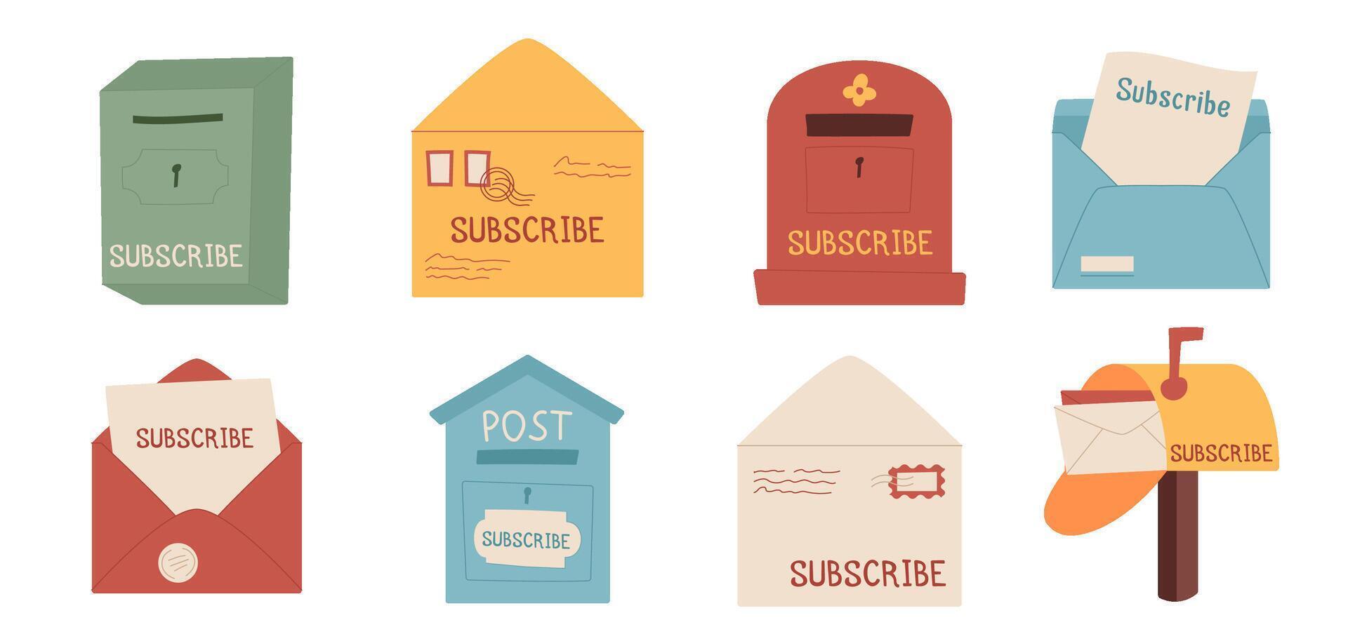 Flat style mailbox collection subscribe concept, creative craft mail in postbox set for newsletter template, cartoon handmade envelope subscription illustration and trendy greeting postcard background vector