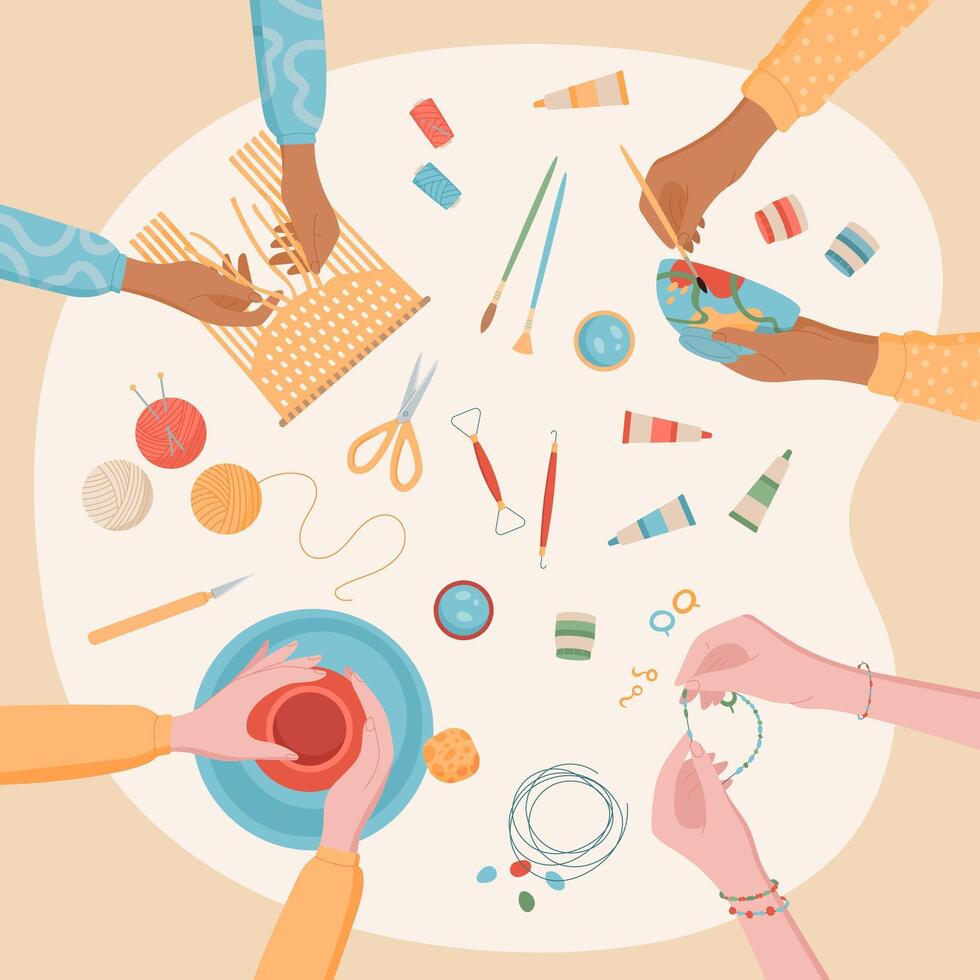 Flat creative hand craft hobby concept, handicraft DIY pottery craftwork background, colorful hands create painting at art workshop, children handmade beading activity collection. vector