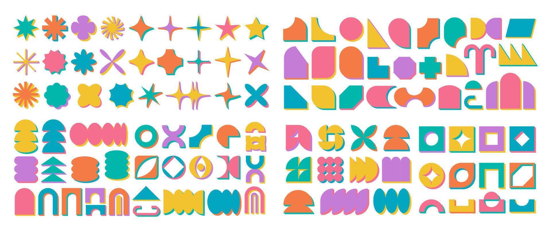 Basic decorative brutalism signs collection art, minimal futuristic flat silhouette shape shadow design, contemporary groovy form collection, geometric brutal icon in modern 80s cartoon. vector
