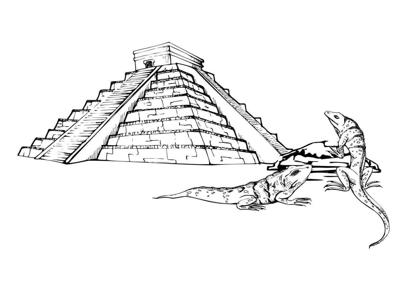 Mesoamerica Aztec Egyptian ancient monument, stone pyramid ruins heritage site, wild iguana lizards. Hand drawn ink illustration. Isolated single object. Design travel brochure, vacation tours vector