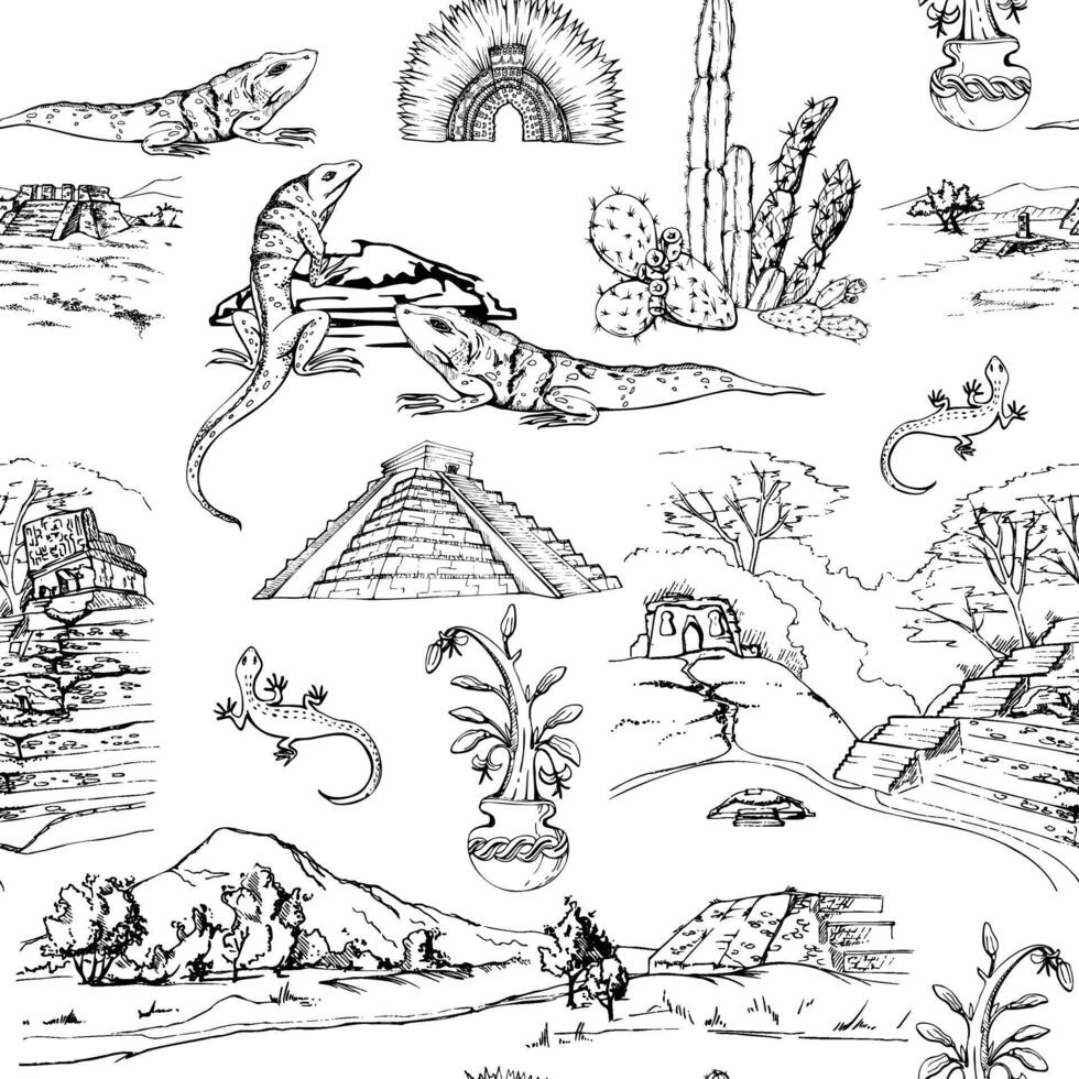 Mexican Aztec pyramid landscape, ancient religious carvings headdress, iguana lizard cacti cocoa. Hand drawn ink isolated illustration. Seamless pattern for travel, vacation brochure, paper vector