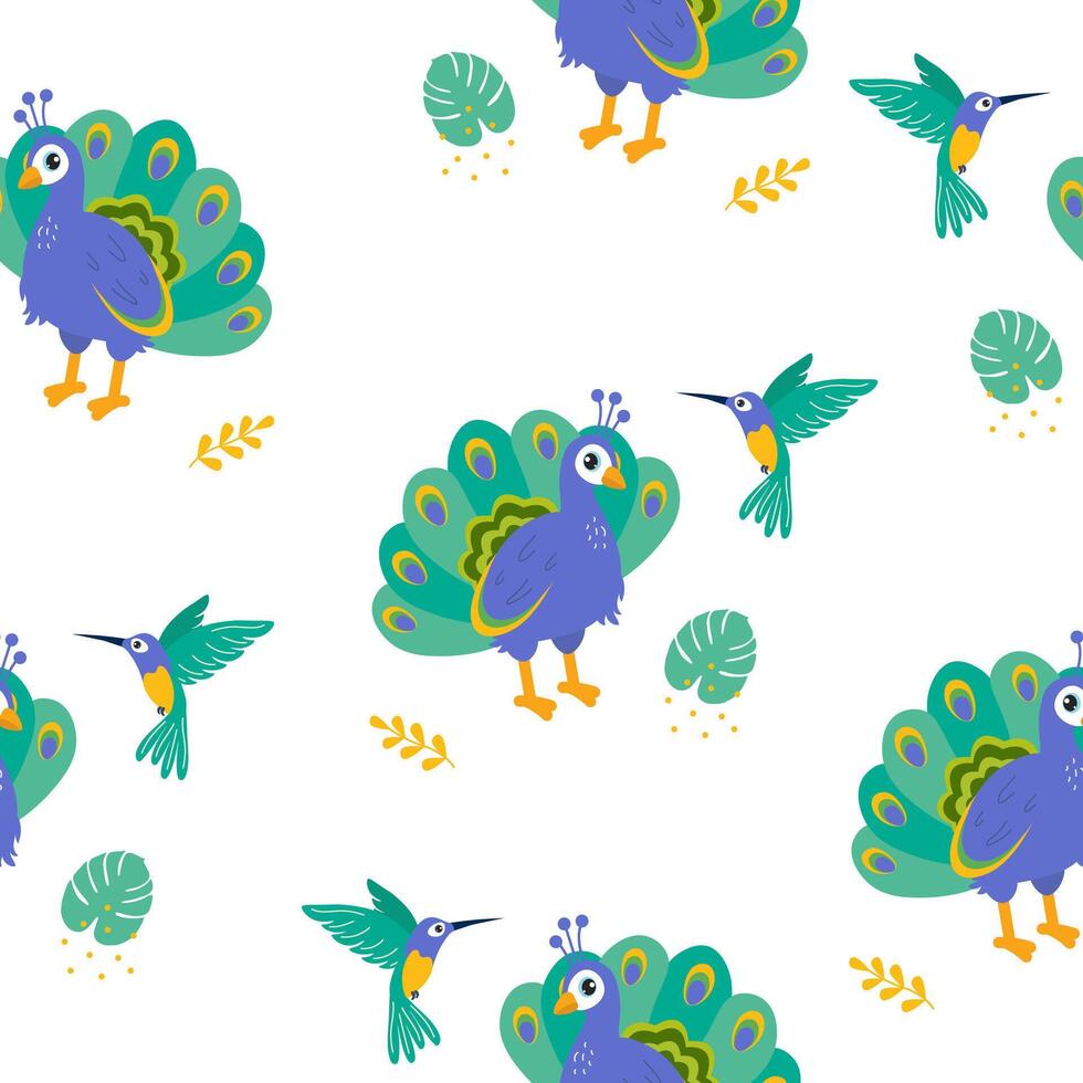 Colorful illustration of peacocks and hummingbirds in a vibrant nature pattern vector