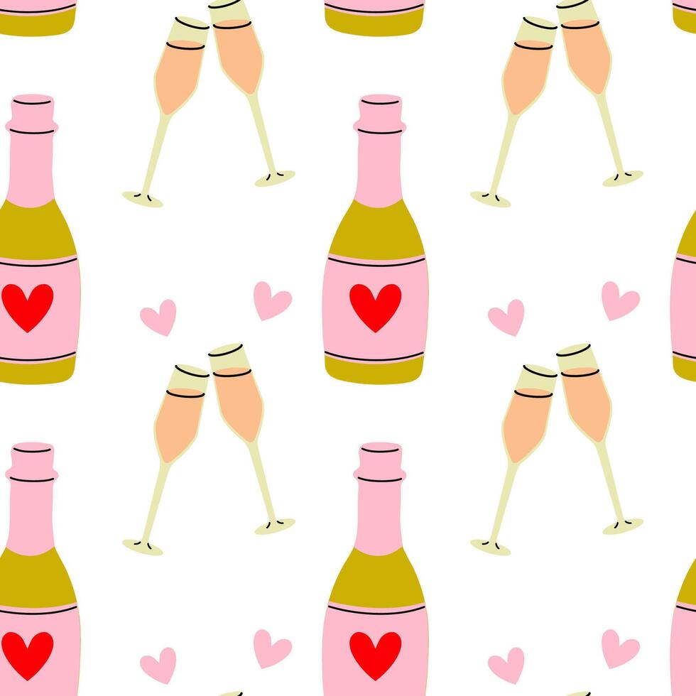 Celebration pattern featuring champagne glasses and bottles with hearts vector