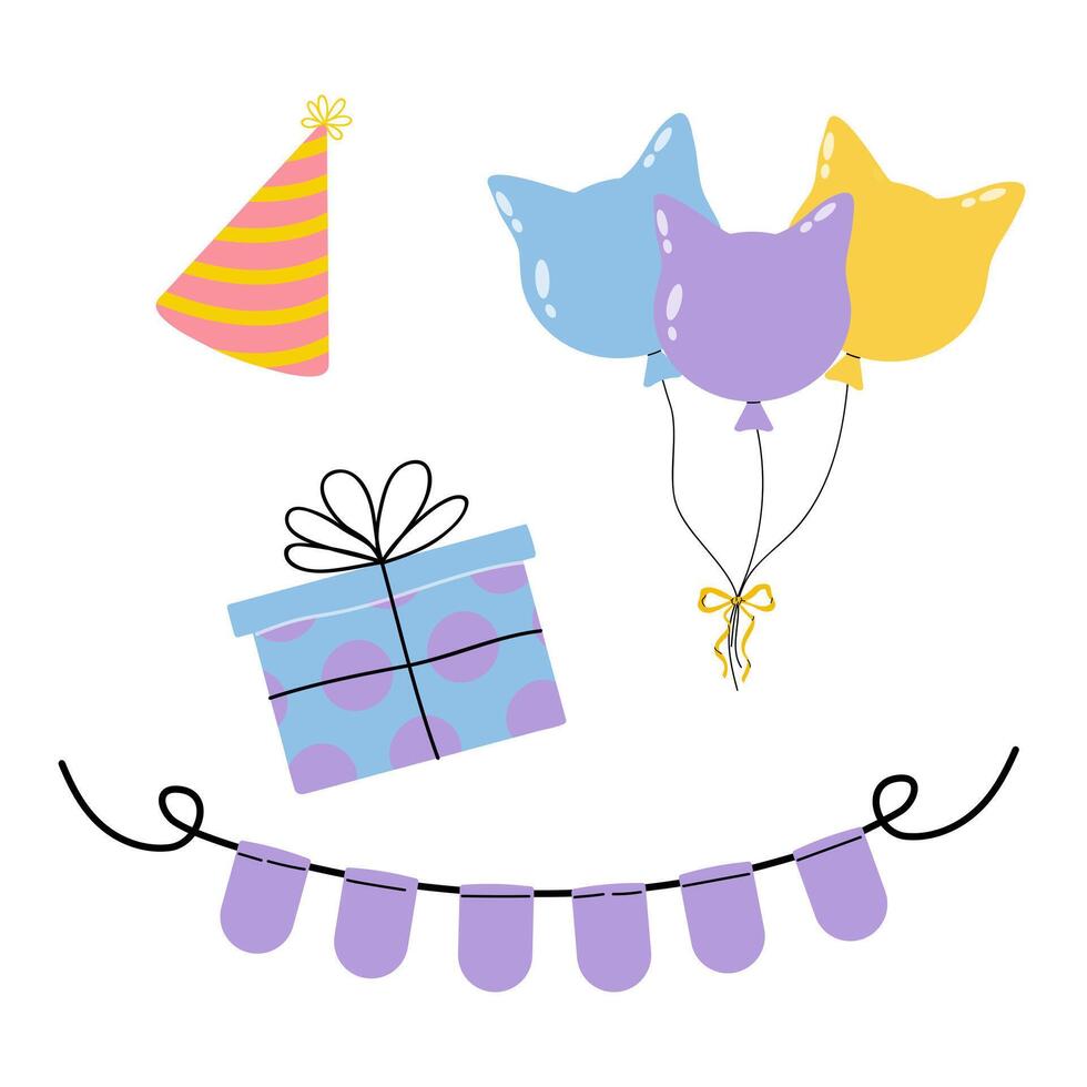 Colorful party decorations with balloons, gift, and festive elements for a joyful celebration vector