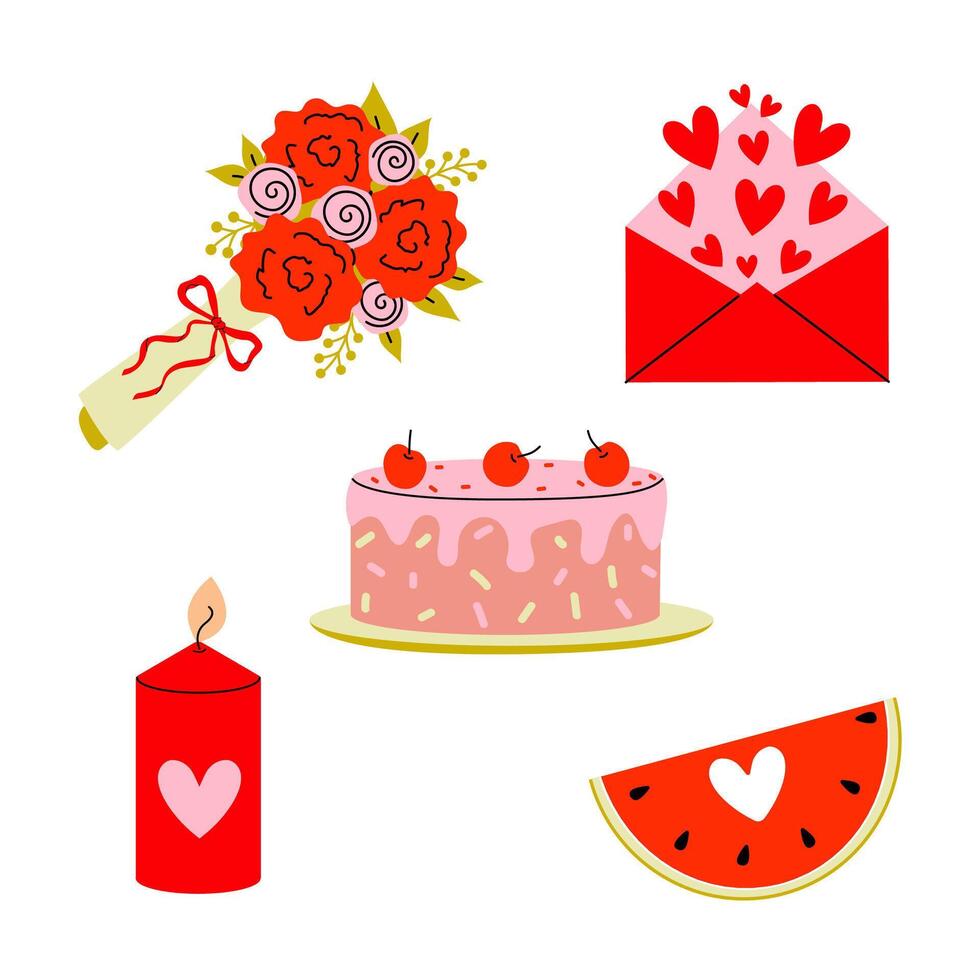 Colorful elements of a celebration featuring flowers, cake, candle, and hearts vector