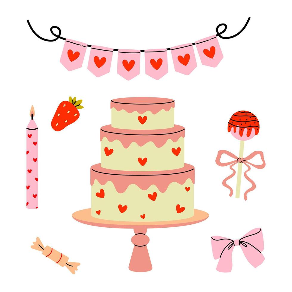Decorated cake with hearts and festive elements for a celebration vector
