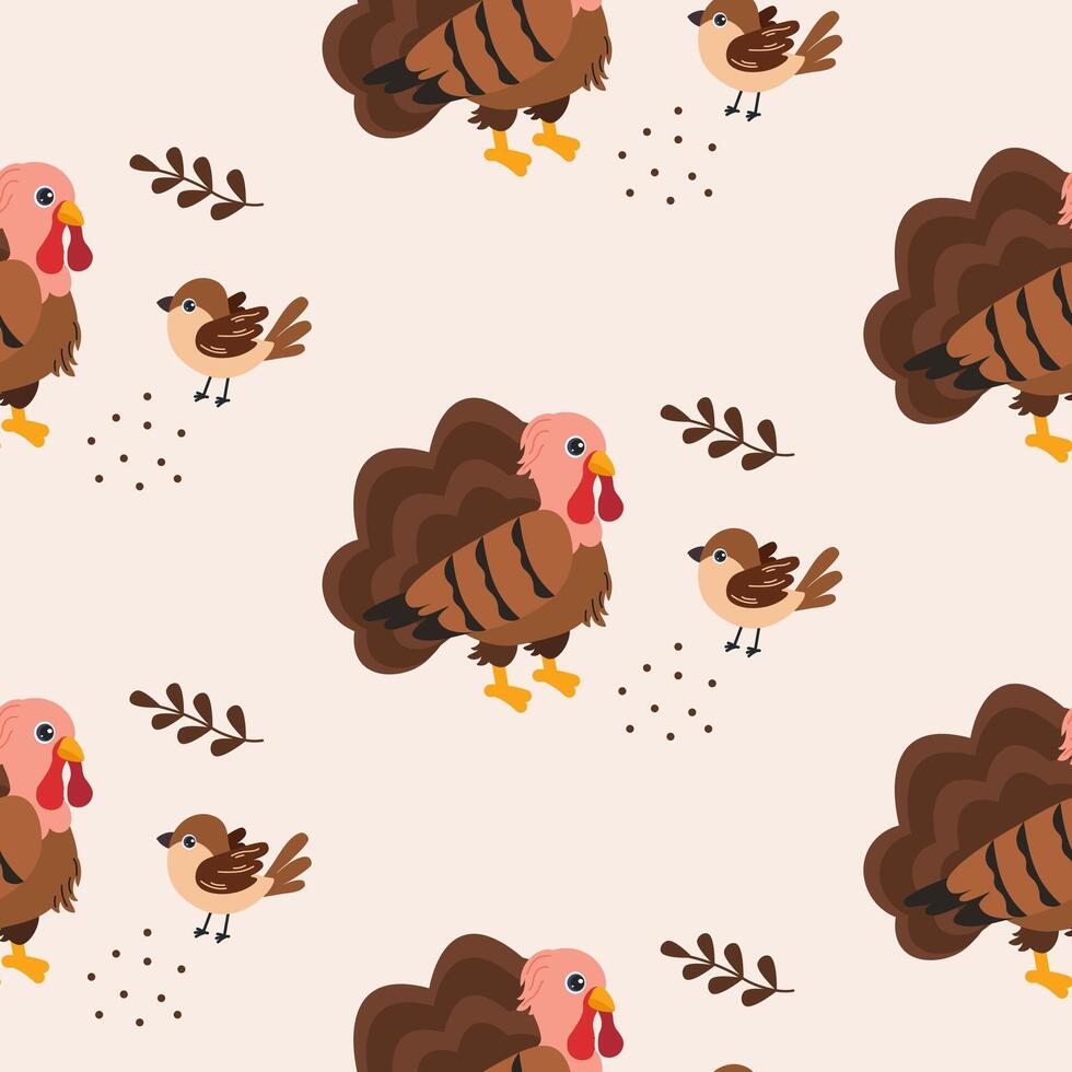 Colorful pattern featuring turkeys and small birds with leaves on light background vector