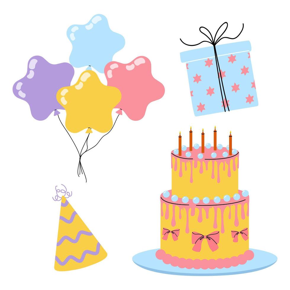 Colorful birthday celebration elements featuring balloons, cake, and gifts in a festive arrangement vector