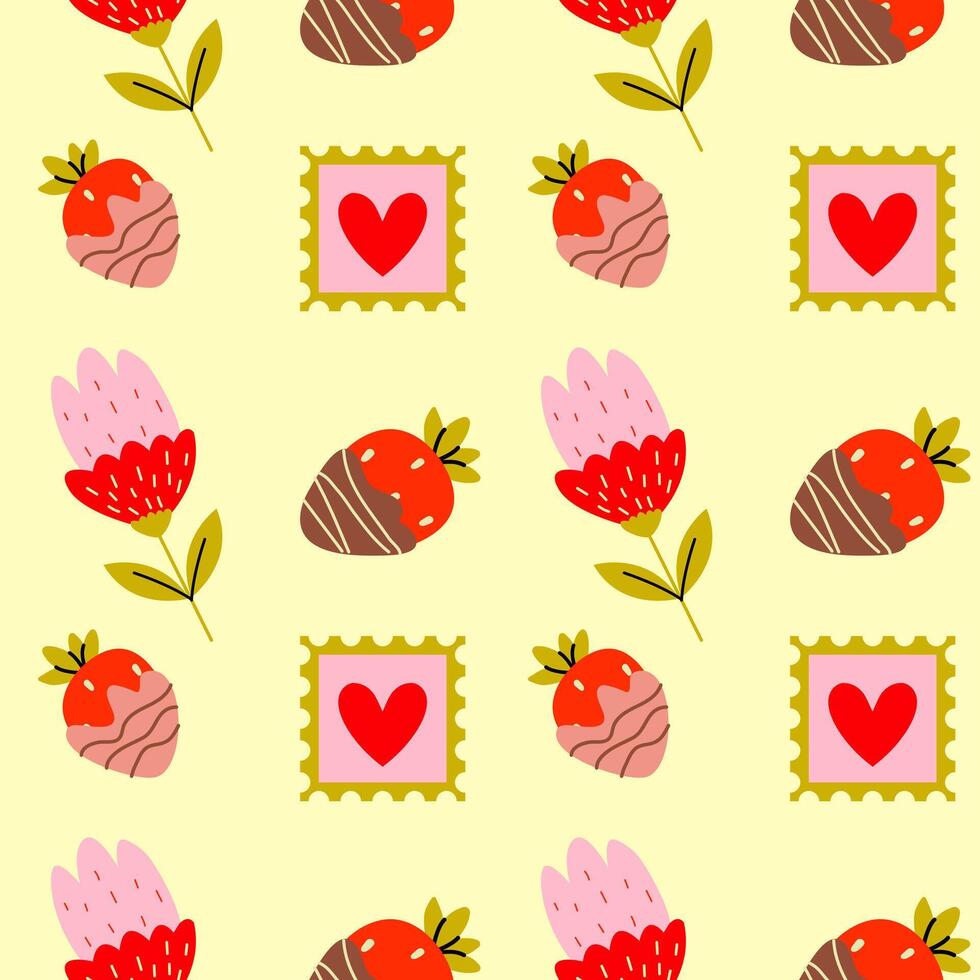 Colorful pattern of strawberries, flowers, and hearts on a light yellow background vector