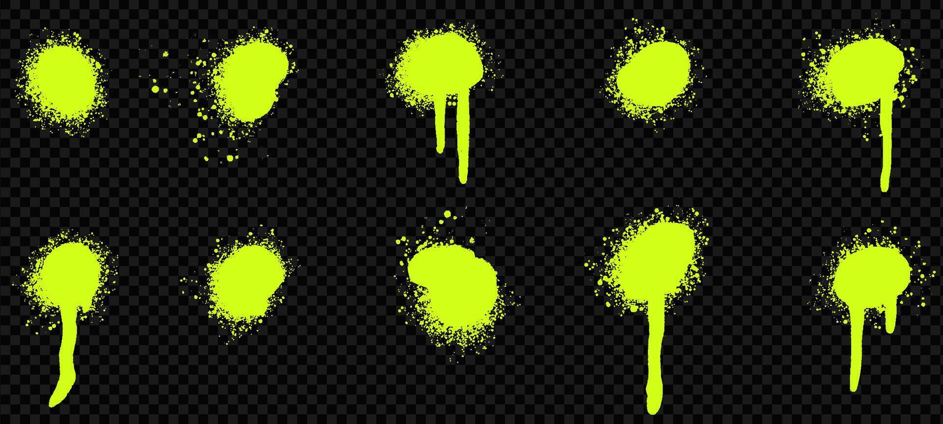 set of acid spray paint splatter and drip effects. Green splashes, ink spots, and grunge stains create a dynamic urban background. vector